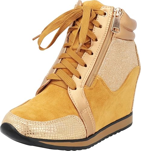 Amazon Cambridge Select レディース クローズトウ ミックスメディア グリッター レースアップ サイドジップ ファッション スニーカー ウェッジ Us サイズ 7 カラー ゴールド スニーカー