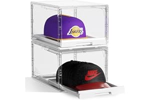 HOYOJA 2 Pack Hat Organizer for Baseball Caps Storage Organizer with Sliding Trays, Stackable Hat Boxes Holder Rack with Drawer, Clear Display Case for Hats Snapback Cap, Hold 12 Hats Each