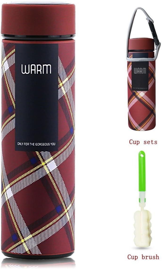 Double Insulation Vacuum Stainless Steel Bottle Portable Cup Drink Hot or Cold Water Bottle for Travelling Mug Fishing Car Driving 480ML (Red grid)