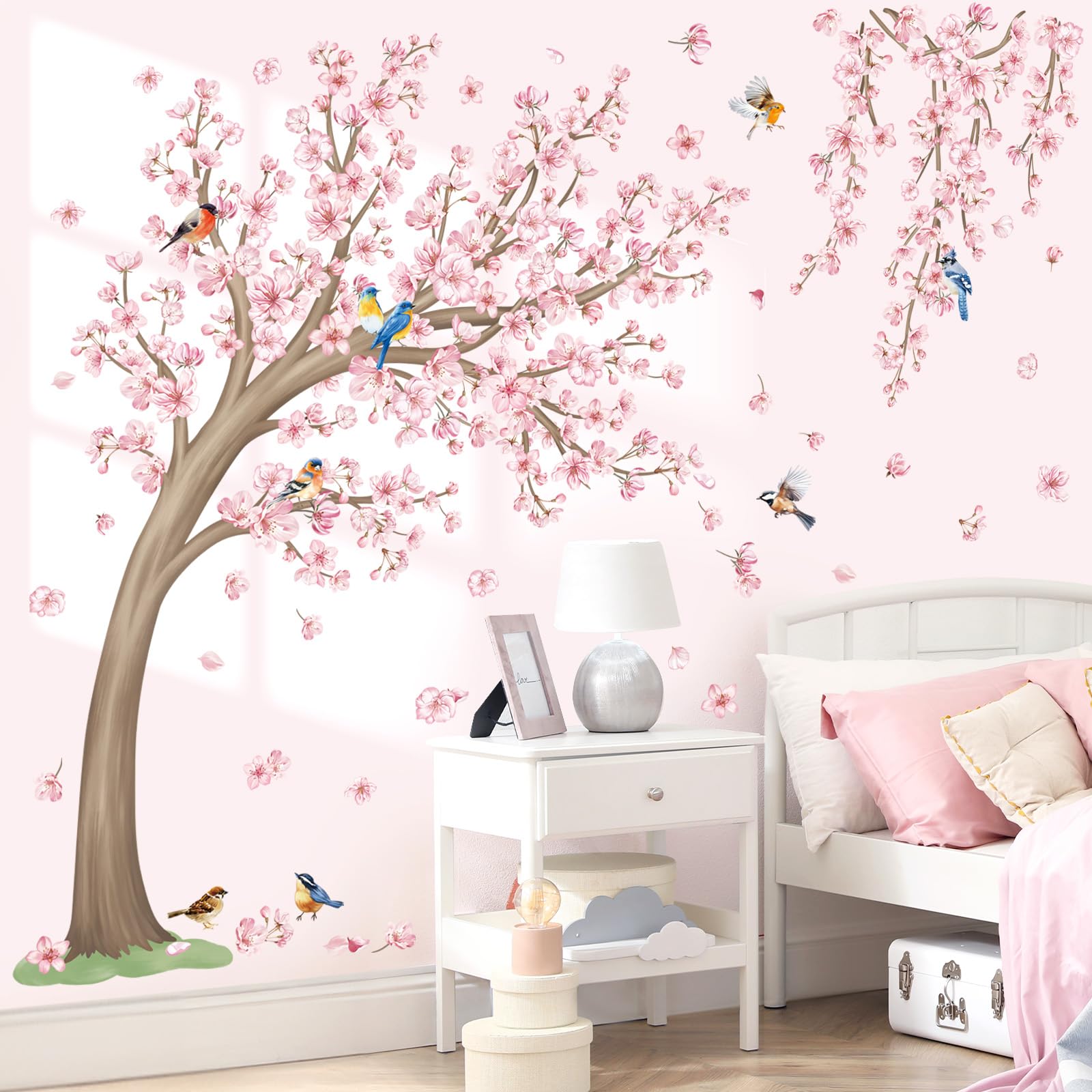 wondever Large Cherry Blossom Tree Wall Stickers Pink Flower Birds Tree Branch Peel and Stick Wall Art Decals for Bedroom Living Room Sofa