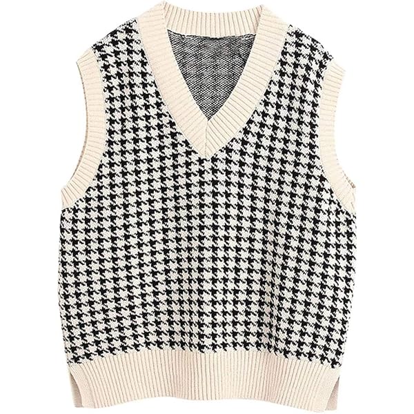 Pull Sans Manches Femme ANHATUIV - Débardeur Tricot à Carreaux, Col En V, Taille Oversize - Style Vintage - 9
