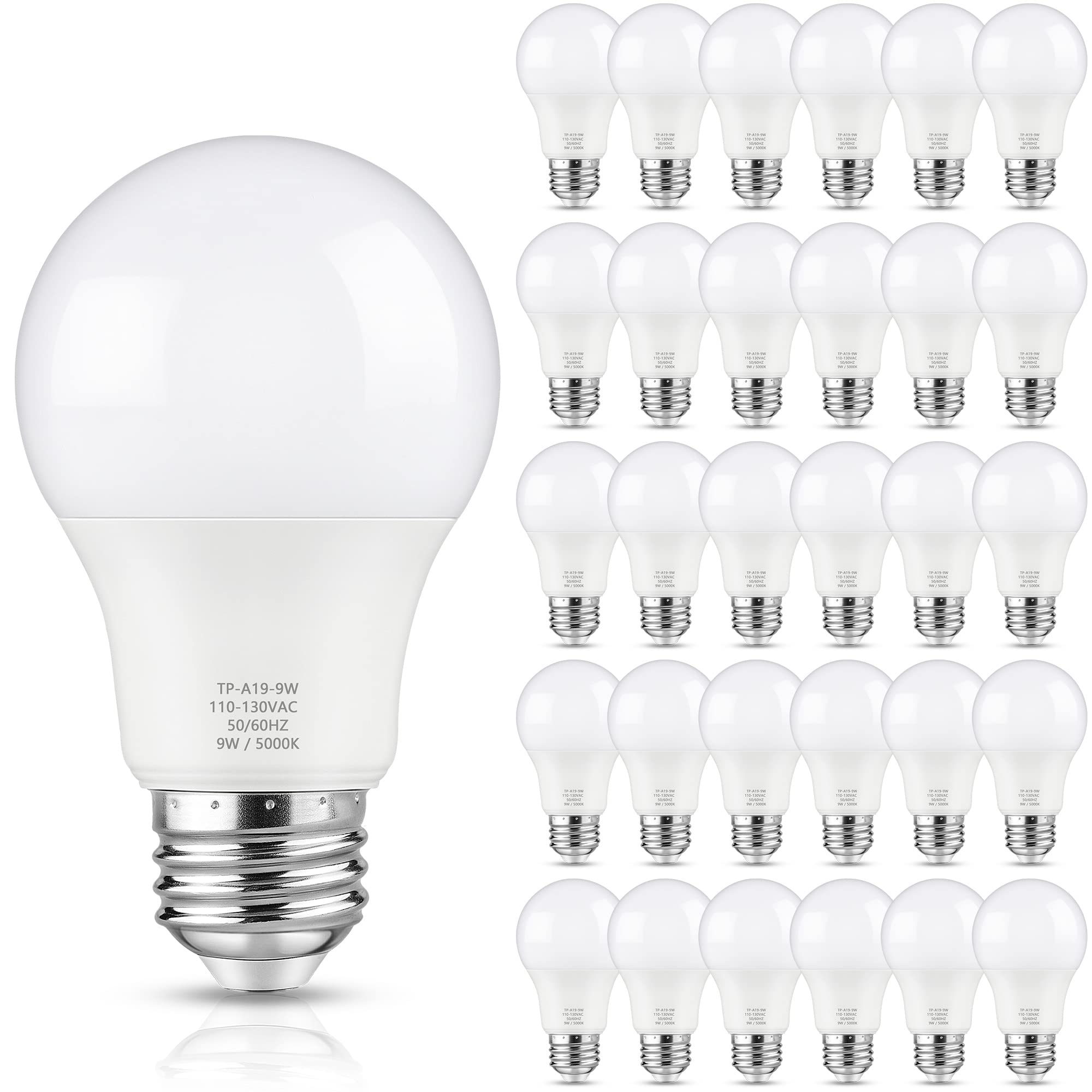 Maylaywood A19 LED Light Bulbs, 60 Watt Equivalent, 5000K Daylight White, 850 LM, Non-Dimmable, E26 Base, 9W Bright White LED Bulbs, 30-Pack Image