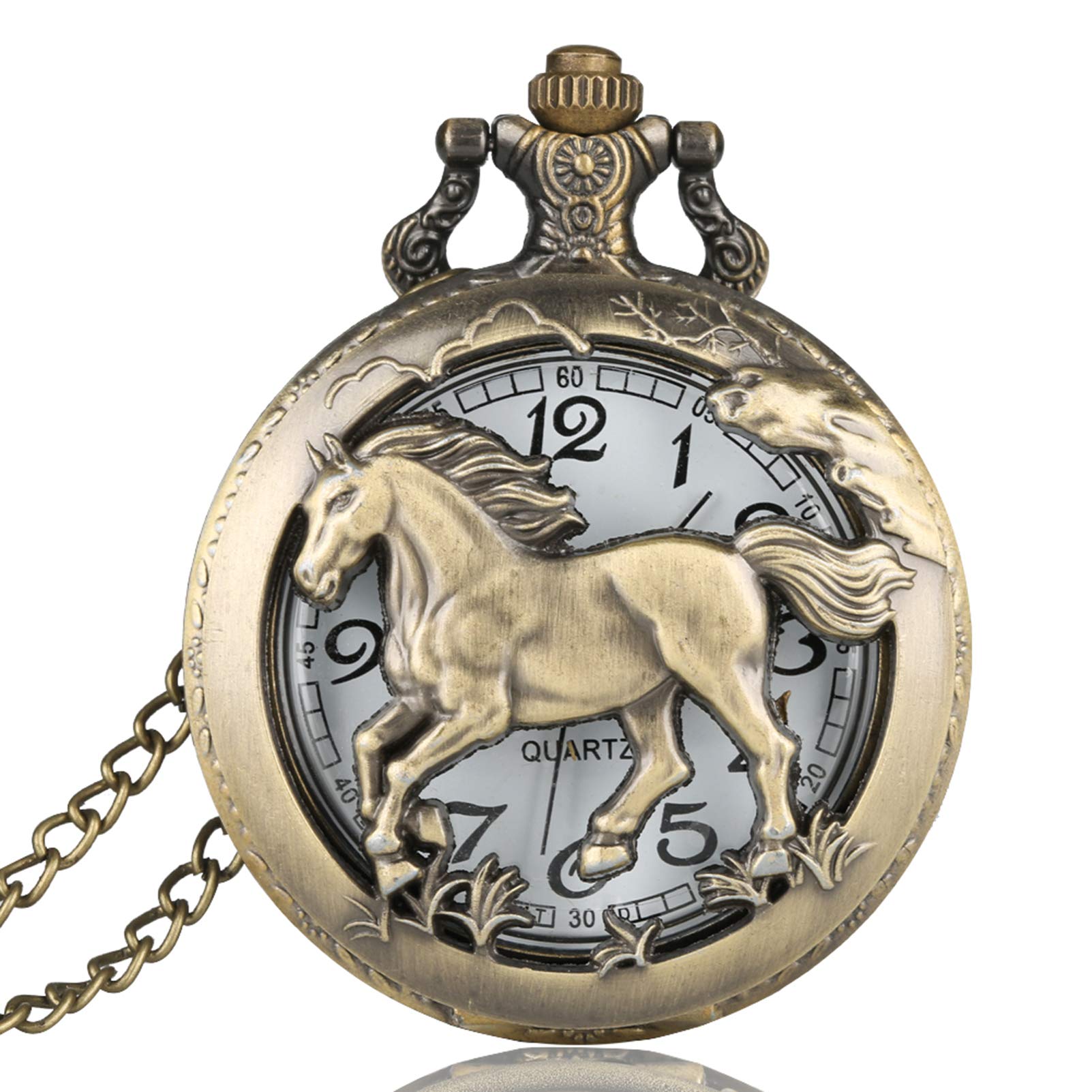 CokinkiDs Father's Day Gift Horse Pocket Watch Necklace Bronze Pendant Pocket Watch with Chain for Men Xmas Gift - 1.8" Dial