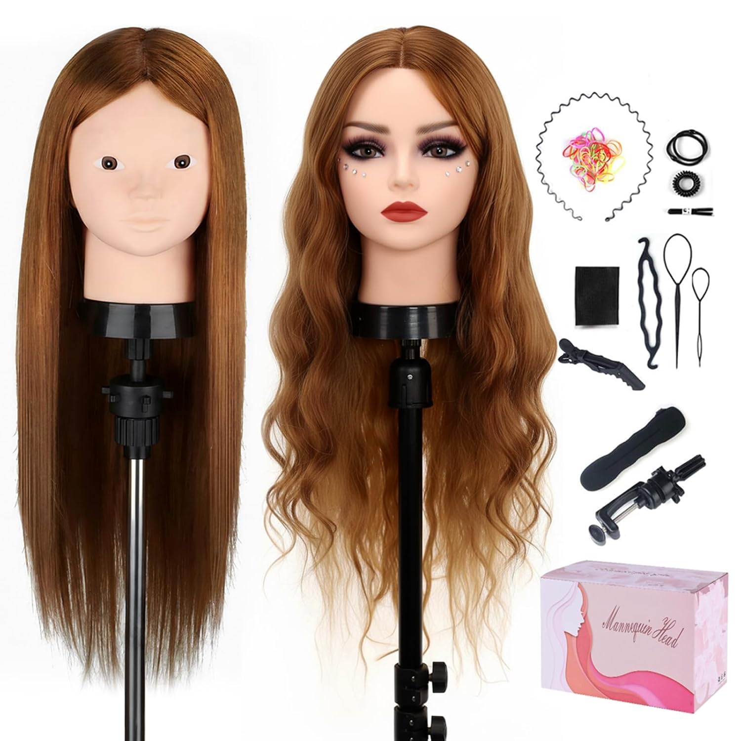 TopDirect 23.5 inch 80% Real Human Hair Training Head Cosmetology Make-up Hairdressing Mannequin Manikin Doll Head with Table Clamp Holder + DIY Hair Styling Braid Set, Light Brown
