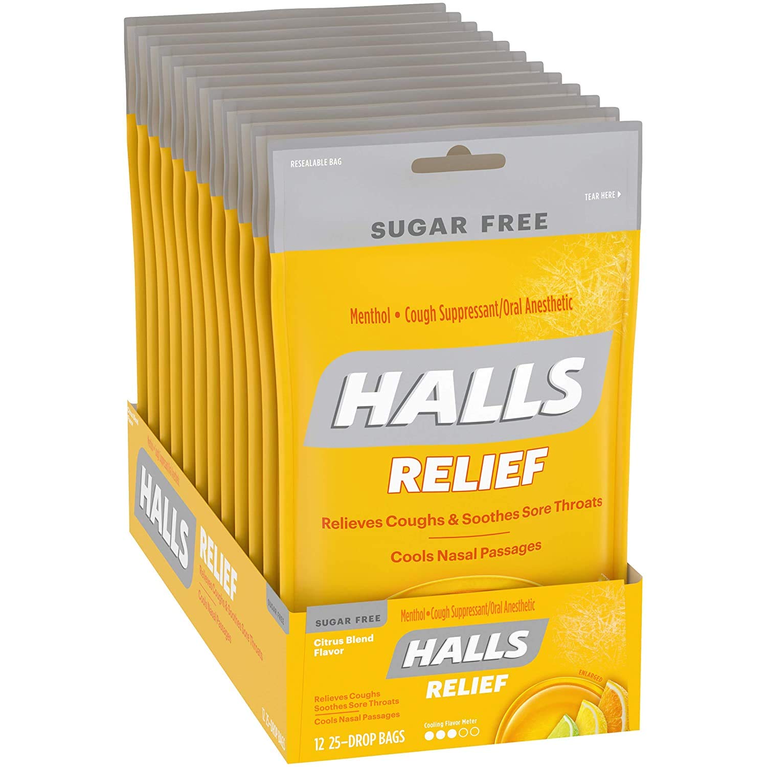 Halls Citrus Sugar Free Cough Drops - with Menthol - 300 Drops (12 bags of 25 drops) : Cough Drops : Grocery & Gourmet Food