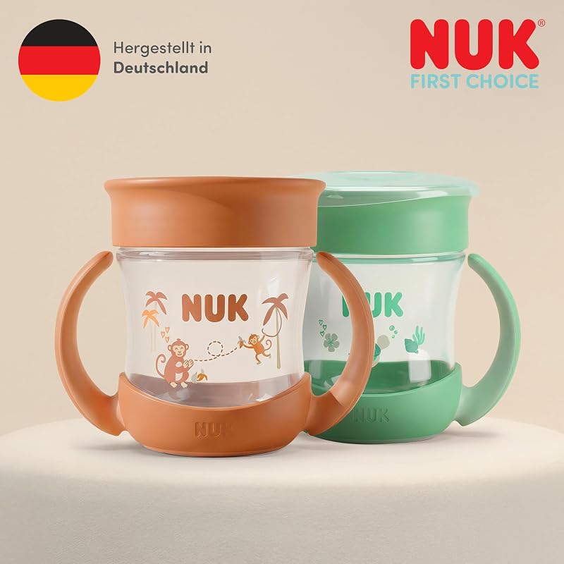 Mini Magic Cup Night Trinklernbecher, ab 6 Monaten, Grün & Grau, 160 ml, 360° Auslaufschutz-Rand, Trinkbecher mit rutschfesten Griffen, leuchtet im Dunkeln, 2 Stück