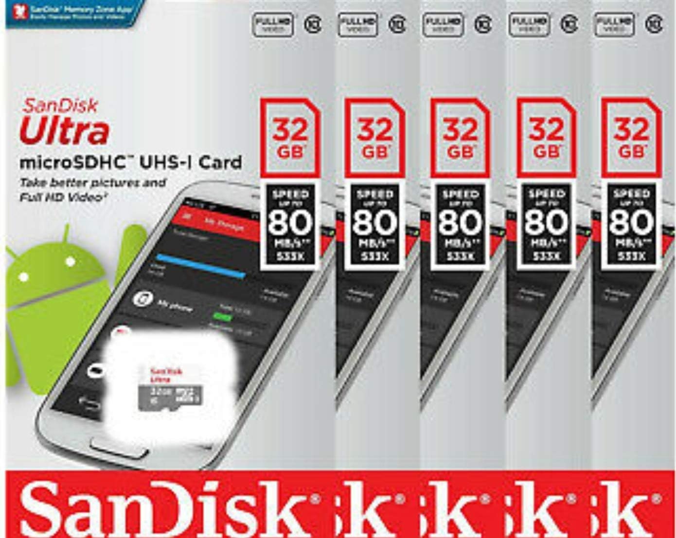5 PACK - SanDisk Ultra 32GB UHS-I Class 10 MicroSDHC Memory Card Up to 48mb/s SDSQUNB-032G LOT OF 5 with Bonus Jewel Cases