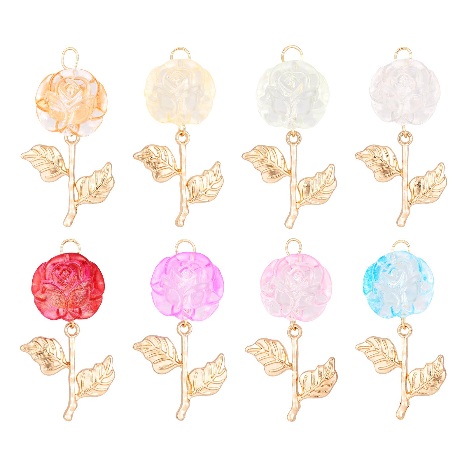 Crafans 16Pcs Rose Charms Transparent Colorful Acrylic & Alloy Flower Pendants Colorful Rosary with Golden Leaf Blossom Charms for DIY Necklace Earring Jewelry Making
