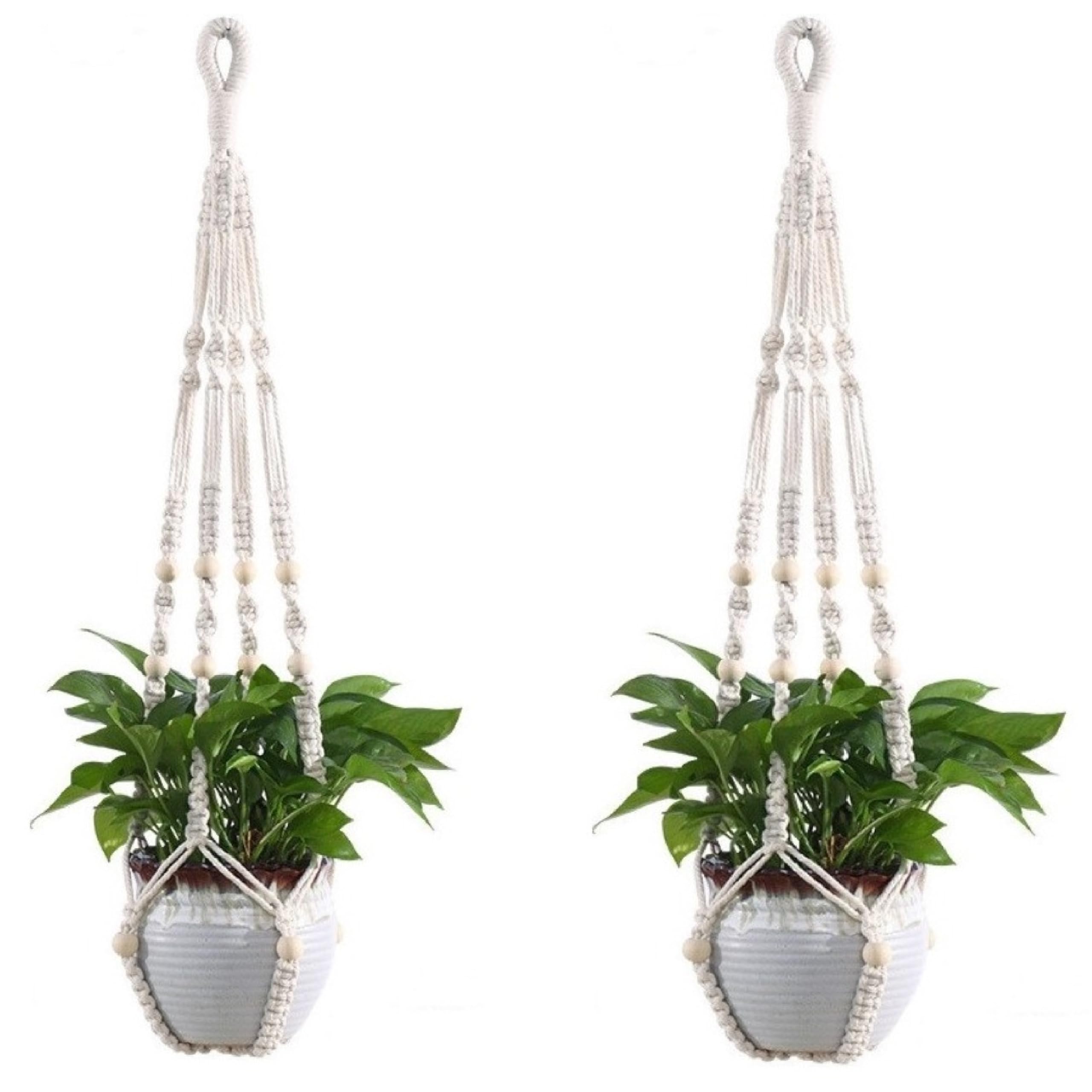 Ezylivin Macrame Plant Hanger 2 Pack, Boho Decorative Hanging Hand-Made No Tassel Cotton Rope with Wooden Beads Flower-Pot Holder Indoor Outdoor Hangers Basket (IVORY BEADS)
