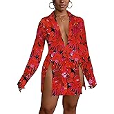LYANER Women's Button Down Shirt Dress Collar V Neck Long Sleeve Slit Sexy Shirt Dresses