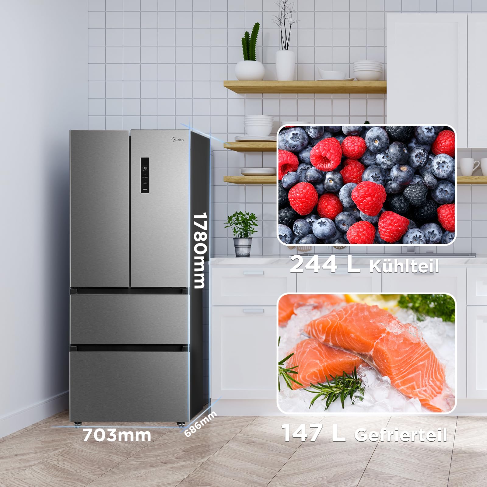 Midea French Door Kühl-Gefrierkombination/391 Liter NoFrost/Smart WiFi, Inverter & VarioBox/Energiesparend& Extrem Leise/Für Große Familien MERF402FIE02 8