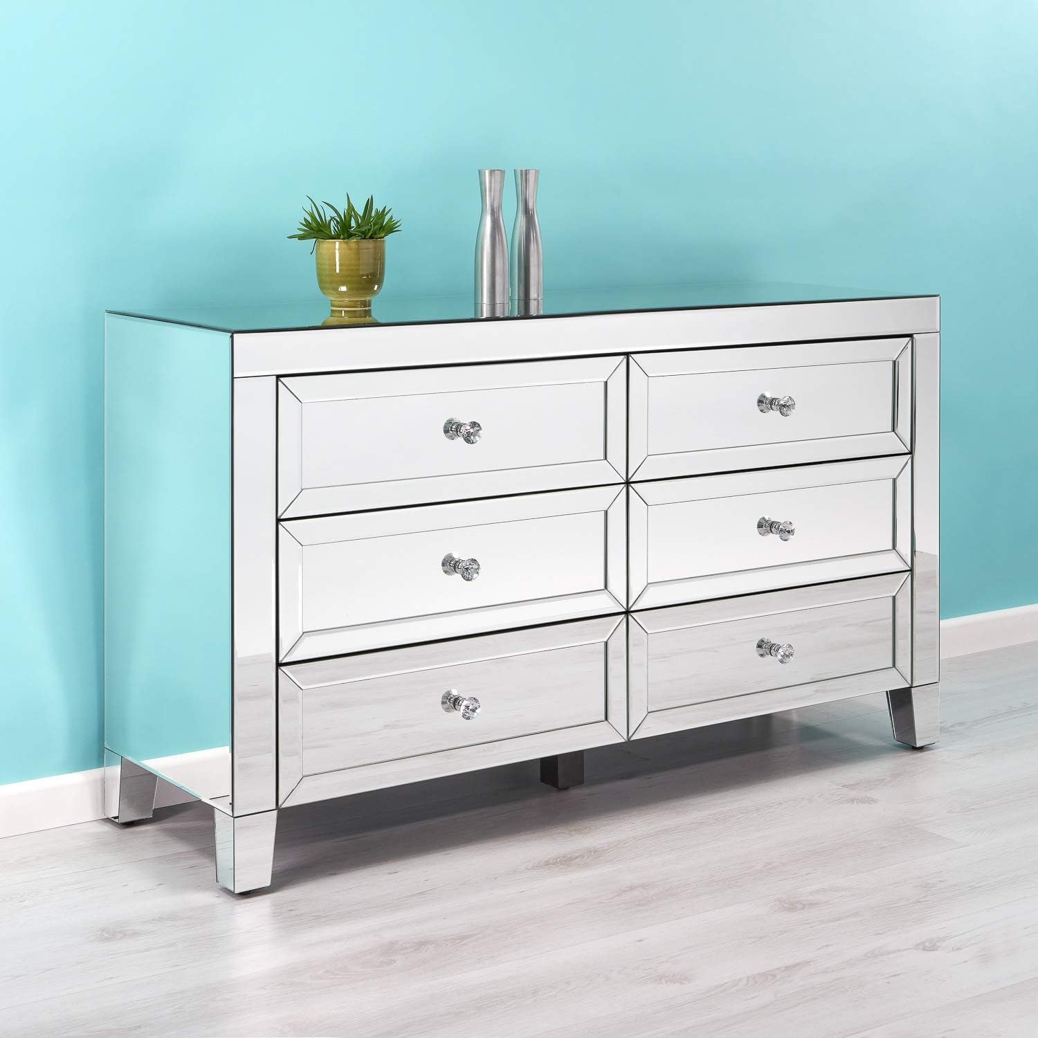 LOD Lifestyle on Demand Mirrored 6 Drawer Chest Drawers - Bevelled Finish And Beautiful Crystal Handles -2 Man Delivery To Any Room
