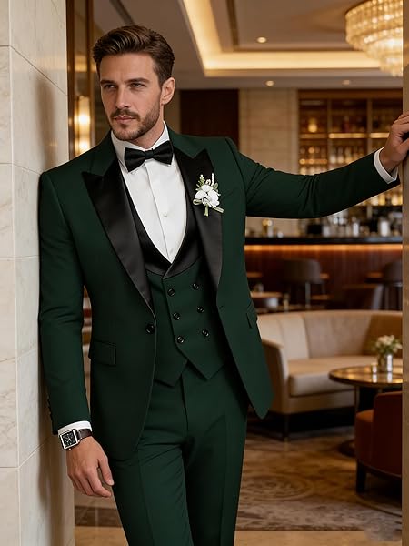TIJOFA DARK GREEN DOUBLE BREASTED SUIT MEN 3 PIECE SLIM FIT SUIT WEDDING PROM SUITS FOR MEN FORMAL ELEGANT DARK GREEN SUITS MENS BLAZER VEST PANTS HOMECOMING DINNER PARTY TUXEDO XS