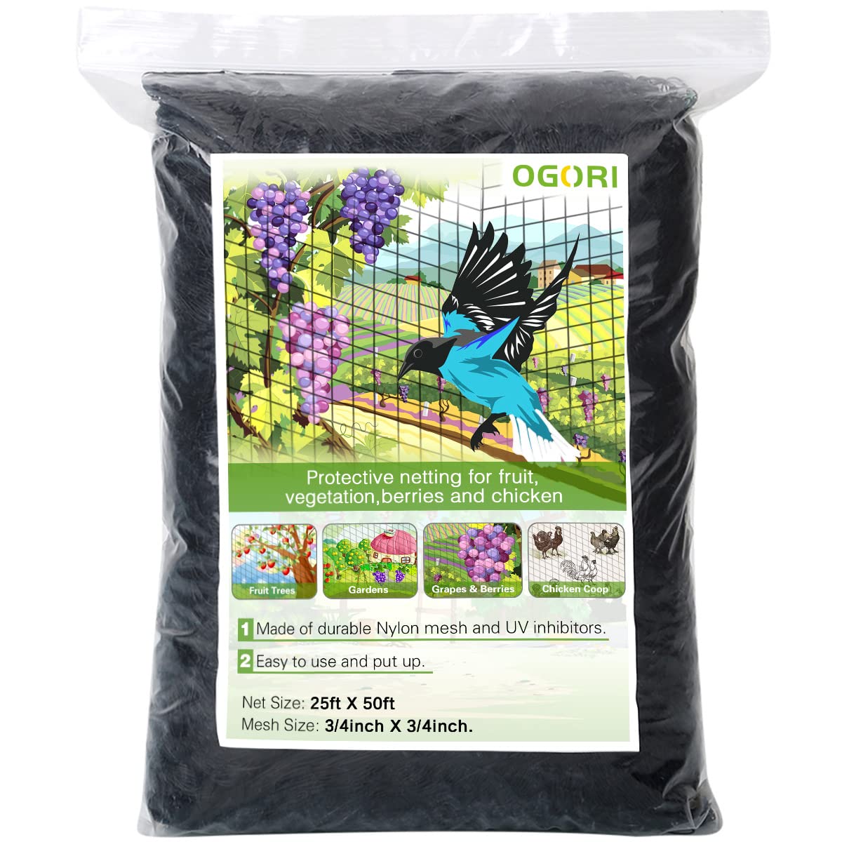 OGORI 25 x 50 ft Bird Netting Poultry Netting Protect Plants and Fruit Trees Garden Net 3/4" Mesh Size