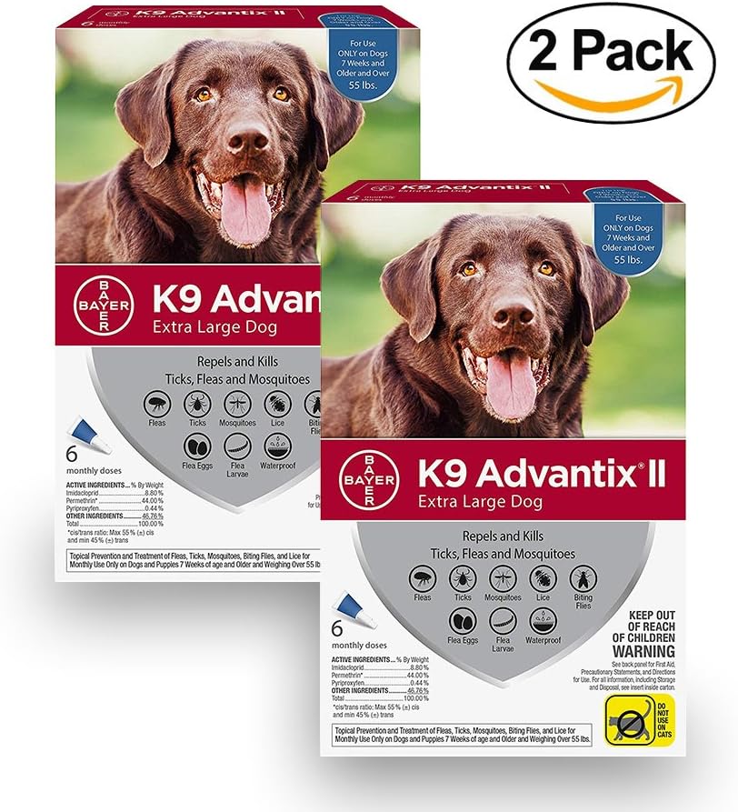 Bayer 2 Pack Bundle K9 Advantix II Flea, Tick and Mosquito Prevention for XL Dogs, Over 55 lbs, 6 Doses - Single Pack Each