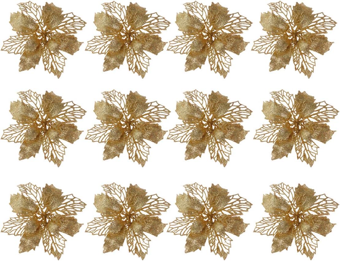 PRETYZOOM Glitter Poinsettia Flowers Hollow Artificial Flowers Christmas Ornaments Xmas Tree Hanging Pendant (Golden) Party Supplies