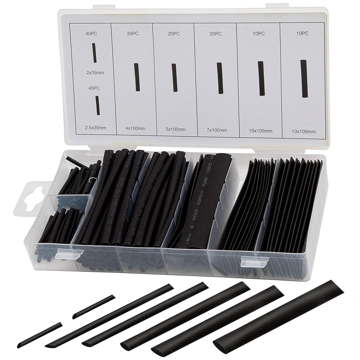 170 Pieces - Black Heat Shrink TUBING Multi-Pack Assortment for Insulating, Covering and Joining Open Wire Connections. 2x35mm - 2.5x35mm - 4x100mm -