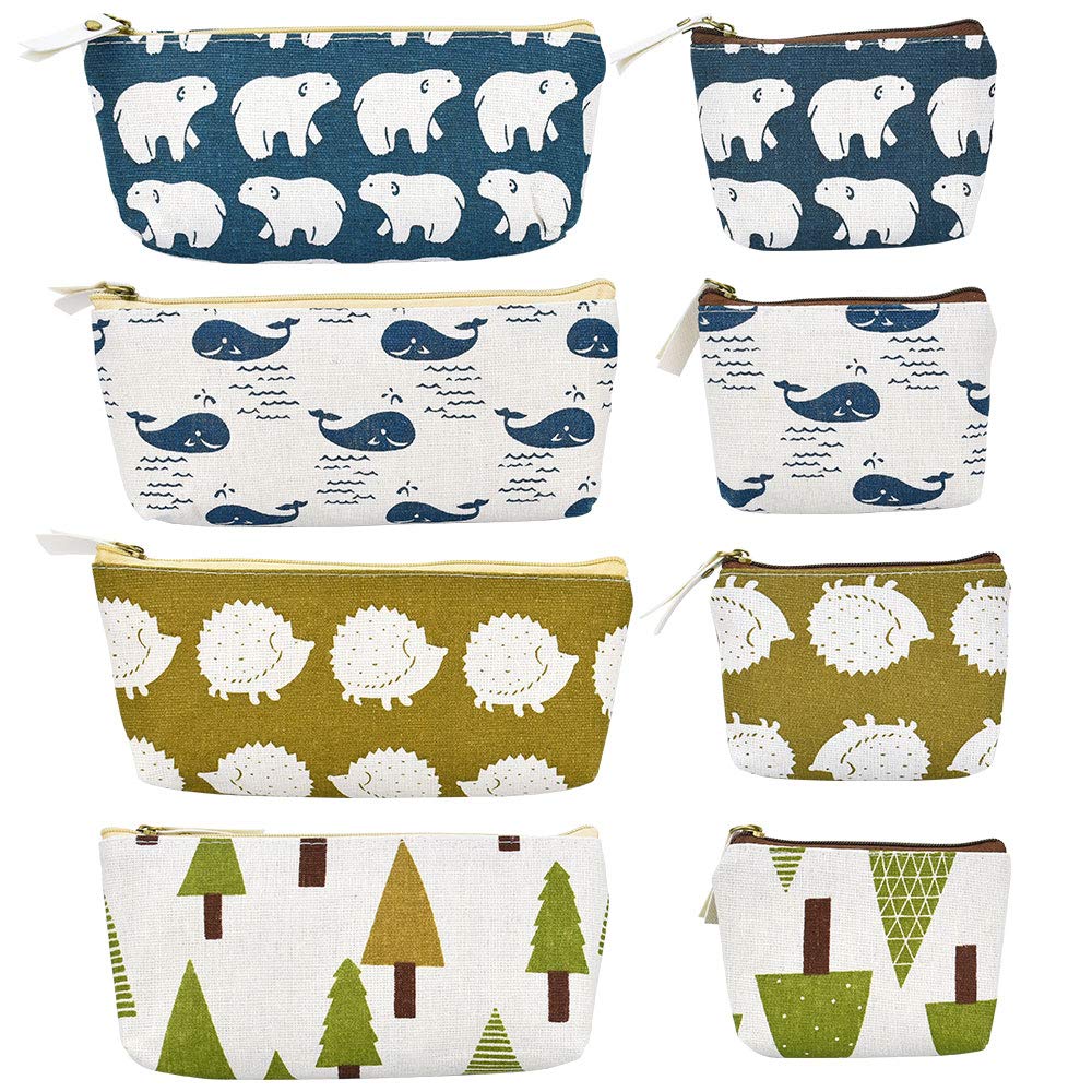 LYTIVAGEN 8 PCS Canvas Pencil Pen Zipper Pouch Cosmetic Makeup Bags Fabric Case Coin Organizer (19.5x8.5x3.5cm/13x10.5x3cm)