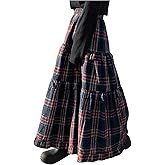 SOLY HUX Women's Plaid Maxi Skirt Elastic High Wasited Tiered Ruffle A Line Flowy Long Skirts