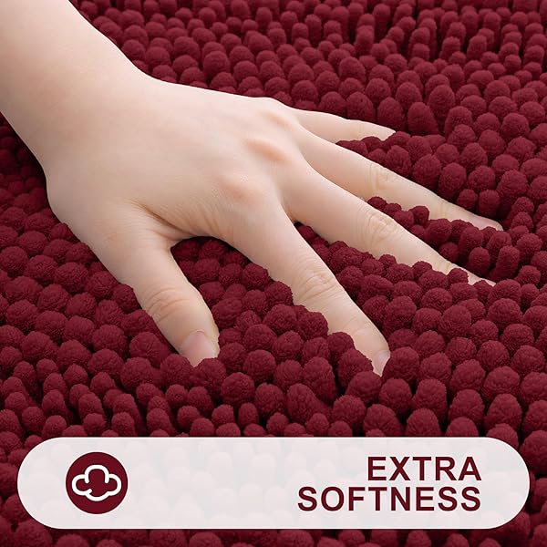 GRANDAILY CHENILLE STRIPED BATHROOM RUGS 47X20, EXTRA THICK AND ABSORBENT BATH MATS, NON-SLIP SOFT PLUSH SHAGGY SHOWER CARPET, MACHINE WASH DRY, BATH RUG FOR BATHROOM, BURGUNDY