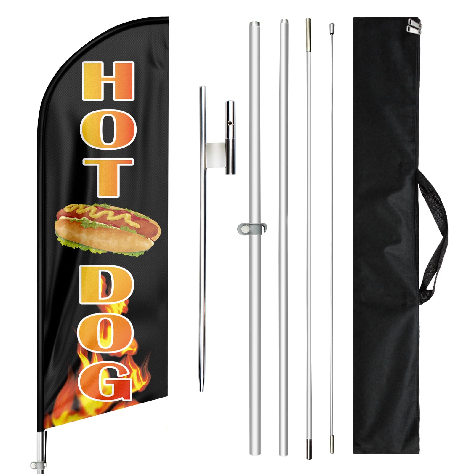 Photo 1 of ***(PARTS ONLY/MAJOR DAMAGE/ NON FUNCTIONAL)***QSUM Hot Dog Sign with Feather Flag Pole Kit, 11FT Polyester Swooper Hot Dog Flags with Aluminum Alloy Stainless Steel Ground Stake Accessories for Outside, Food Card, Business, Advertising