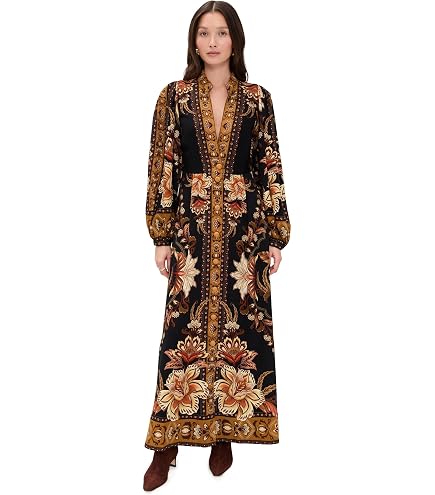FARM Rio Women's Blossom Tapestry Long Sleeve Wrap Midi Dress (US, Alpha, Medium, Regular, Regular, Black) at Amazon Women's Clothing store