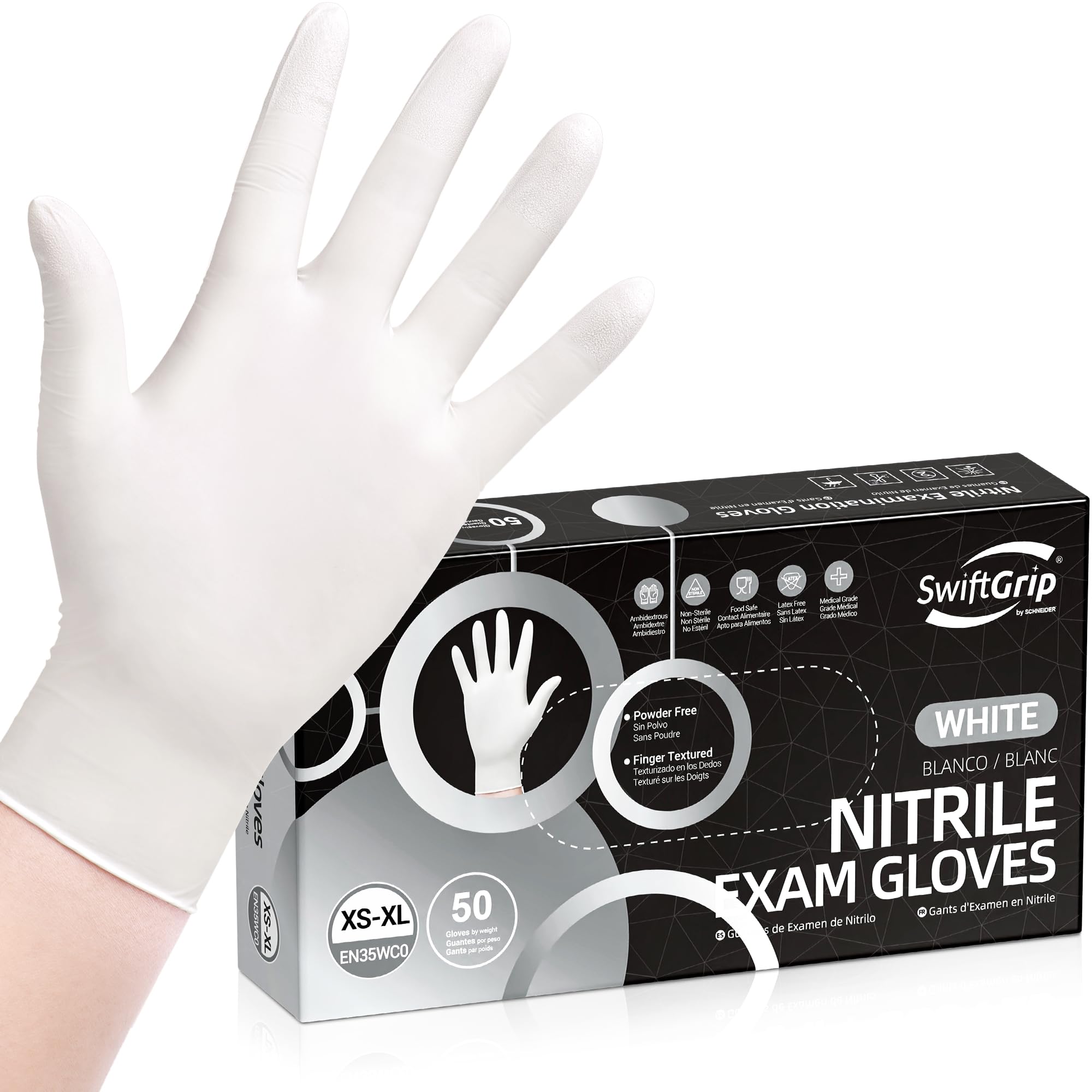 SwiftGrip Disposable Nitrile Exam Gloves, 3-mil, Medium, Box of 50, White Nitrile Gloves Disposable Latex Free for Medical, Cleaning, Cooking & Esthetician, Food-Safe, Powder-Free, Non-Sterile