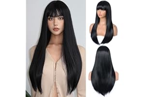 AIDA BLE Black Wig with Bangs for Women Long Straight Black Wig Heat Resistant Synthetic Wig for Girls Daily Use Party Halloween Cosplay Wig 24inch