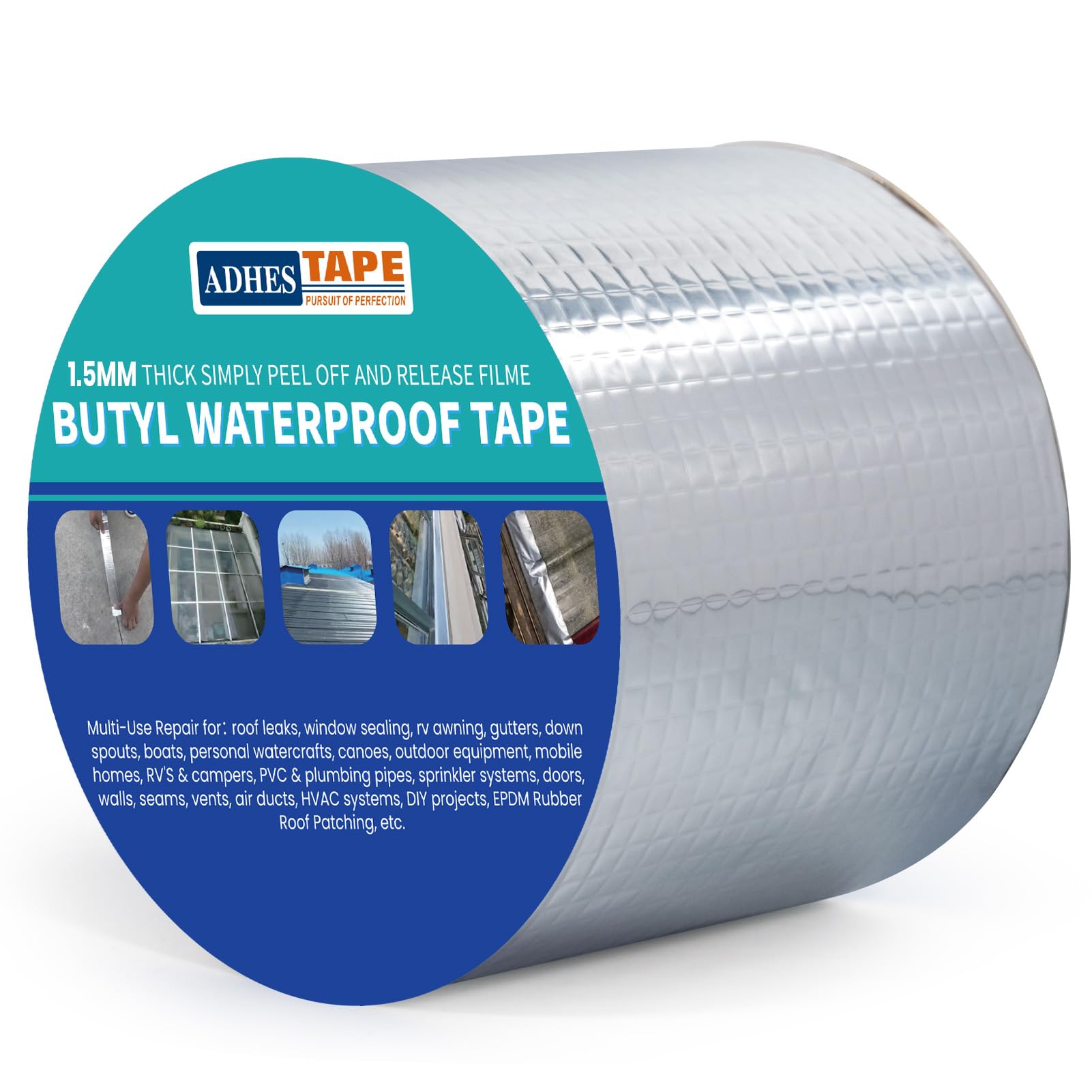 ADHES Butyl Tape Waterproof Tape Aluminum Foil Tape with Strong Rubber 100mmx 5m 1 roll 1.5mm thickness for Roof Leak, Surface Crack, Window Sill Gap, Pipe Rupture