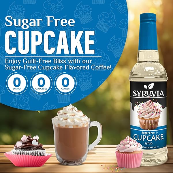 SYRUVIA SUGAR FREE COFFEE SYRUP, CUPCAKE FLAVORED SYRUP FOR DRINKS, LATTES, AND DESSERTS – 25.4 FL OZ