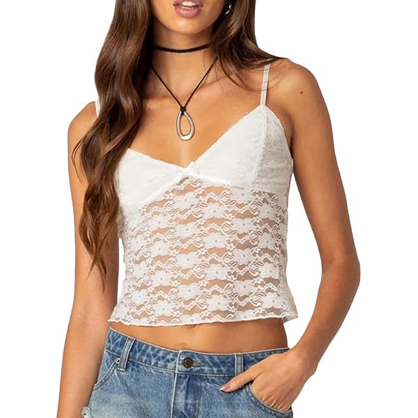 NUFIWI Women Y2k Lace Cami Tank Top Floral Mesh Spaghetti