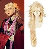 ANOGOL Hair Cap+ Long Blonde Wig Golden Orange Wigs with Bangs for Men Women Anime Cosplay Party Long Blonde Wavy Wigs Cosplay Costume Halloween Party Outfit