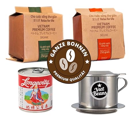 Vietnamesisches Kaffee Starterset - 2 x 250g + Filter (Phin) + gez. Kondensmilch - Hochwertige Kaffeebohnen aus dem Hochland 