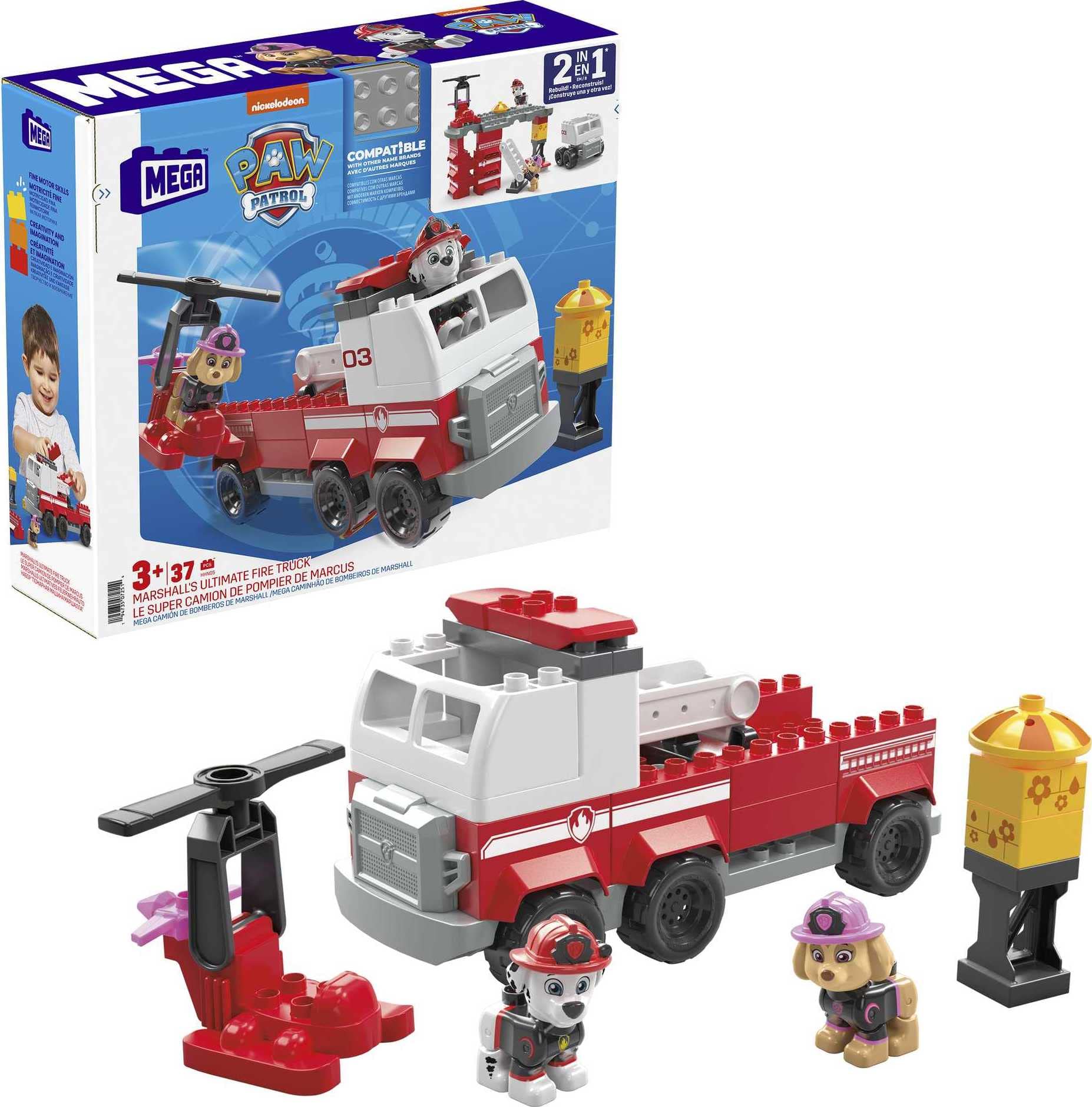 MEGA PAW Patrol Marshall's Ultimate Fire Truck Building Set with Marshall and Skye figures, and 33 jr bricks and pieces, toy gift set for ages 3 and up
