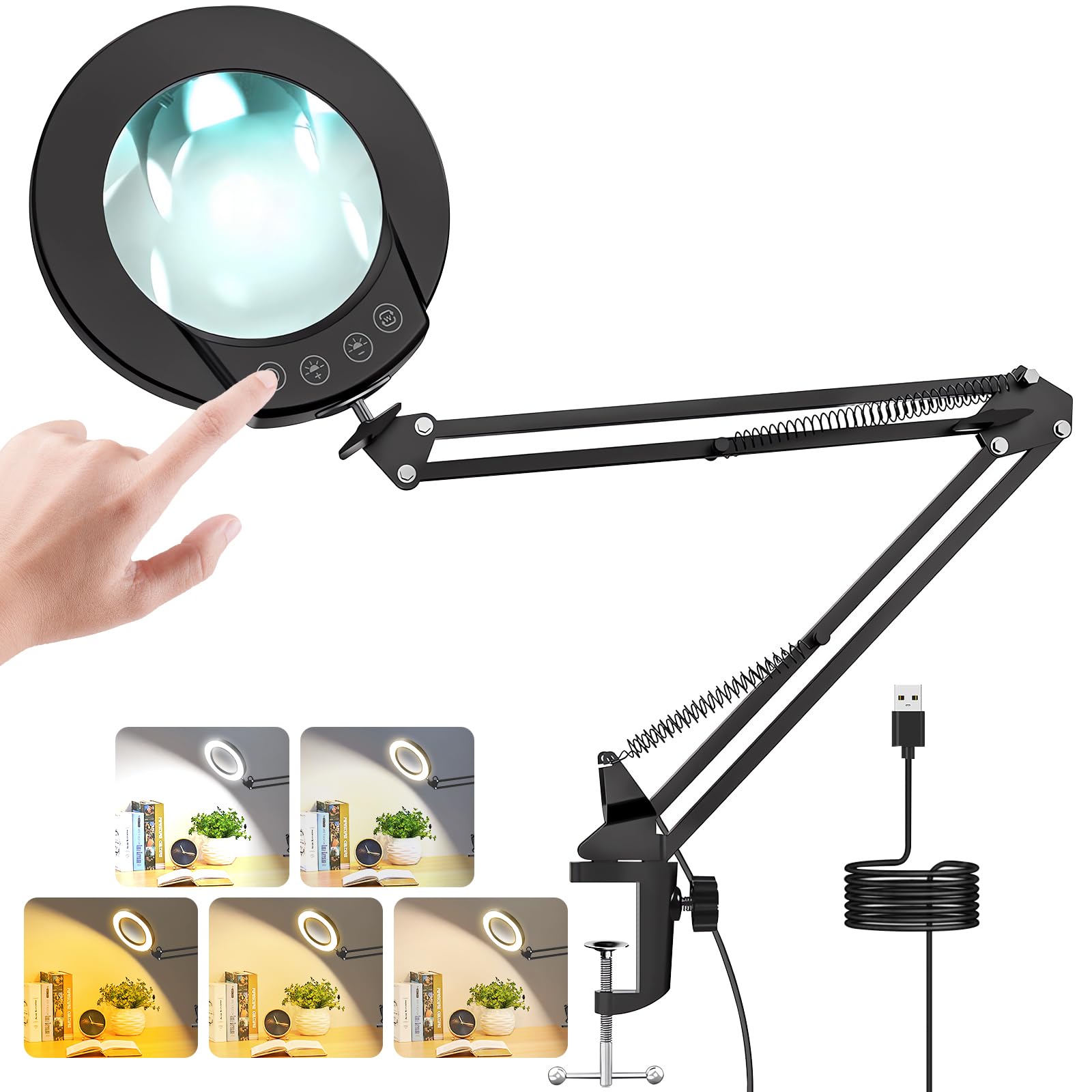 Cadrim LED magnifying glass with light and stand, 10X Magnifier Desk Lamp, 5 Adjustable Color Modes, Metal clip, Swing arm, LED Magnifier Lamp for Reading, Repair, Crafts
