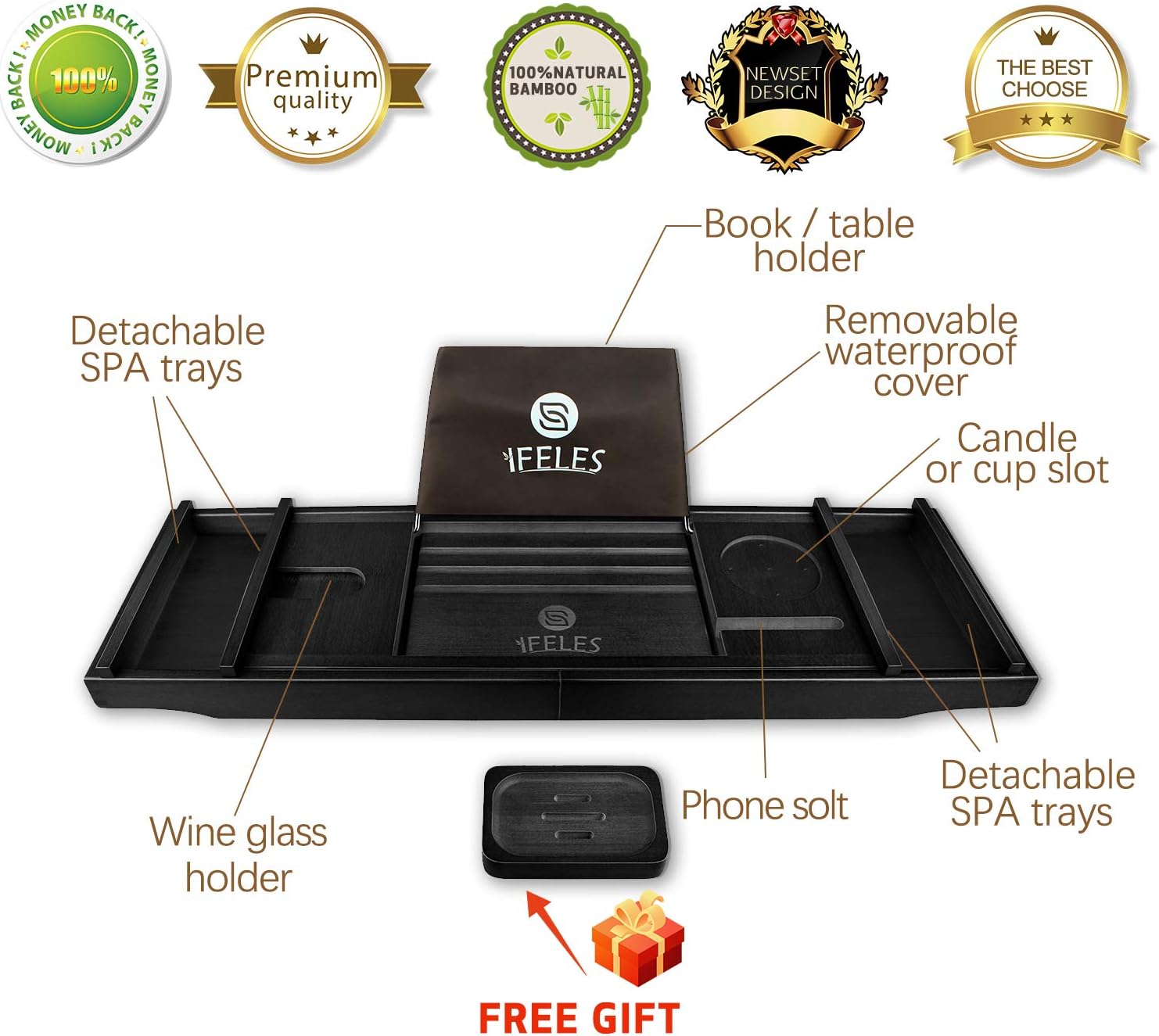 IFELES Luxury Bathtub Caddy Tray, One or Two Person Bath and Bed Tray, Bonus Free Soap Holder (Black Bamboo Color…: Kitchen & Dining