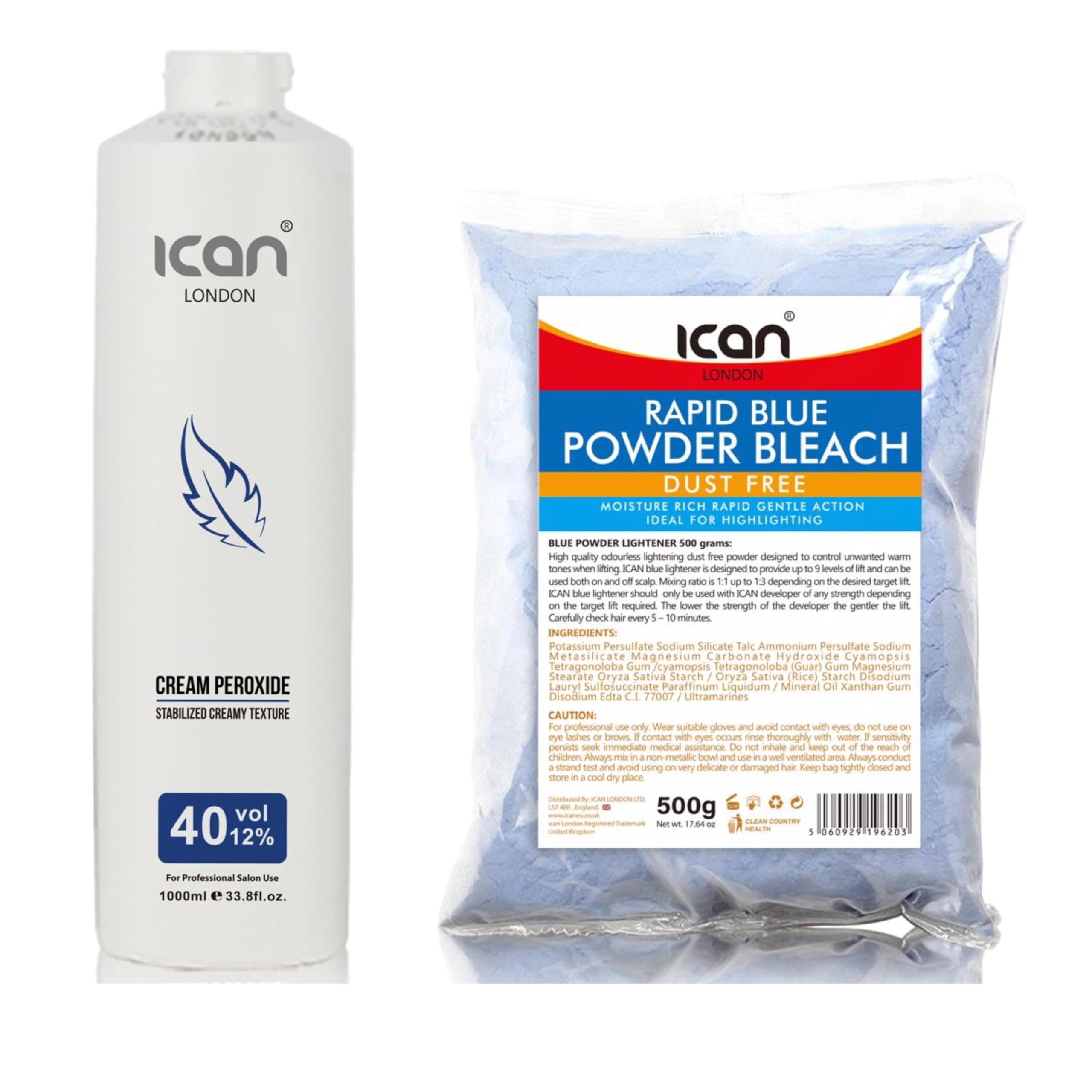 ICAN LONDON PROFESSIONAL CREAM PEROXIDE 40 VOL 12% 1000 ML + DUST FREE BLUE POWDER BLEACH 500 G SET