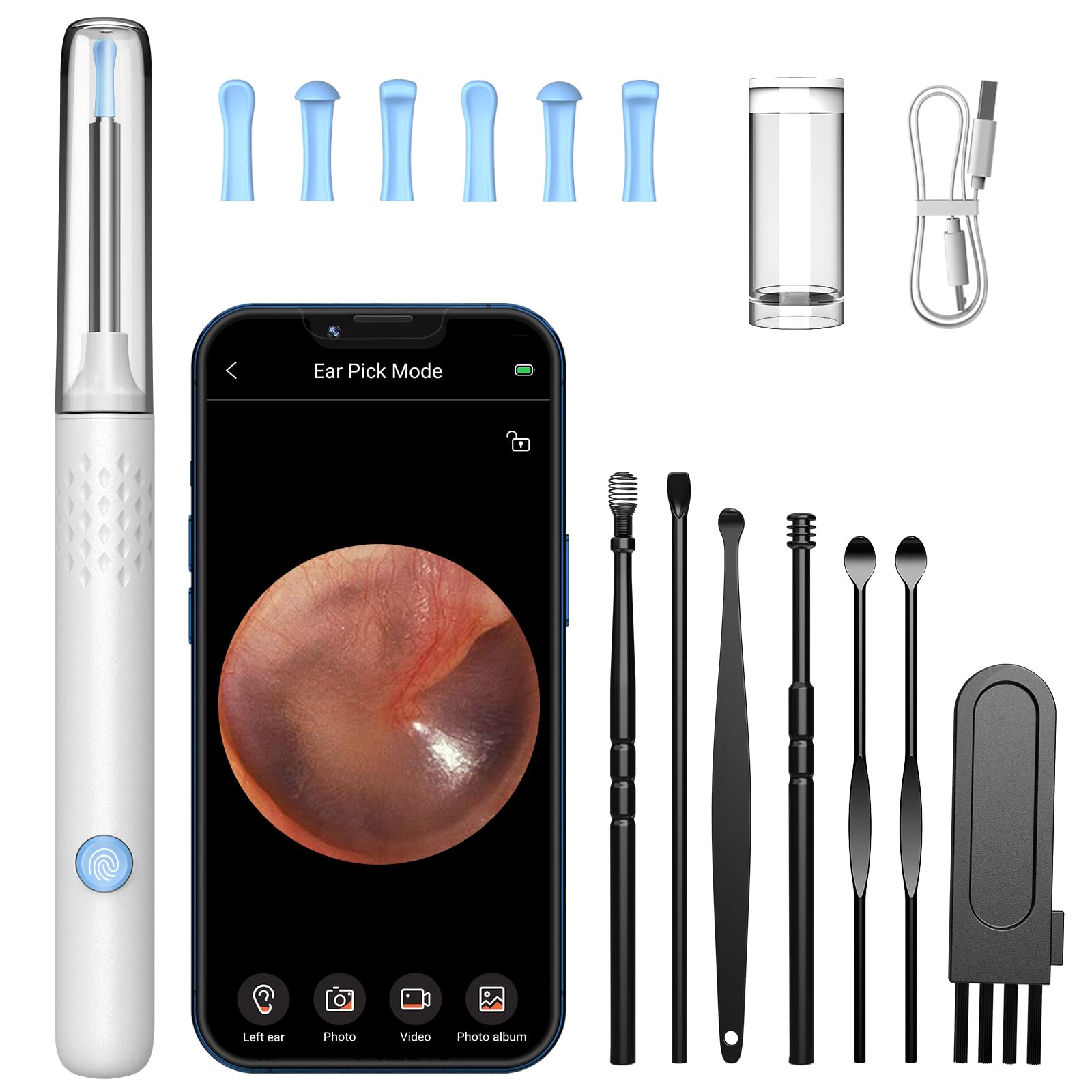 LMECHN Ear Wax Removal Kit, Earwax Remover Tool with Camera, Ear Wax Removal with 1080P, Otoscope with LED Light, Ear Camera Otoscope for iPhone, iPad, Android Phones-White