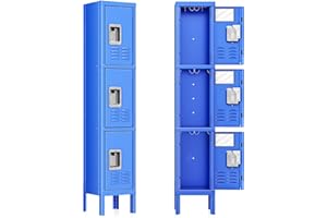 BONUSALL Metal Locker for Employees, Office Storage Lockers 3-Tier Steel Lockers for School Gym Locker Compartment Home Office 3 Doors Blue