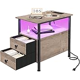 HOOBRO End Table with Charging Station & Led Light, Flip-Top Narrow Side Table with 2 Drawers, Nightstand for Small Spaces, B