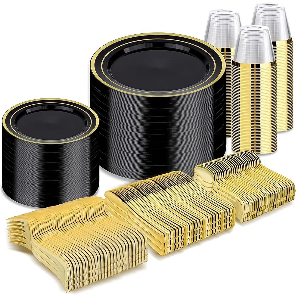 Photo 1 of BESTVIP 600PCS Black Gold Dinnerware Set for 100 Guests, Plastic Plates for Halloween Party and Christmas, 100 Disposable Plates, 100 Dessert Plates, 100 Cups, 100 Spoons, 100 Forks and 100 Knives