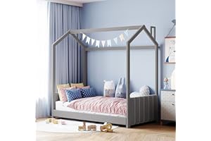 BELLEMAVE House Beds Twin Size Velvet Montessori Bed for Kids Upholstered Floor Bed Frame with Headboard & Footboard for Girls Boys Teens, Gray