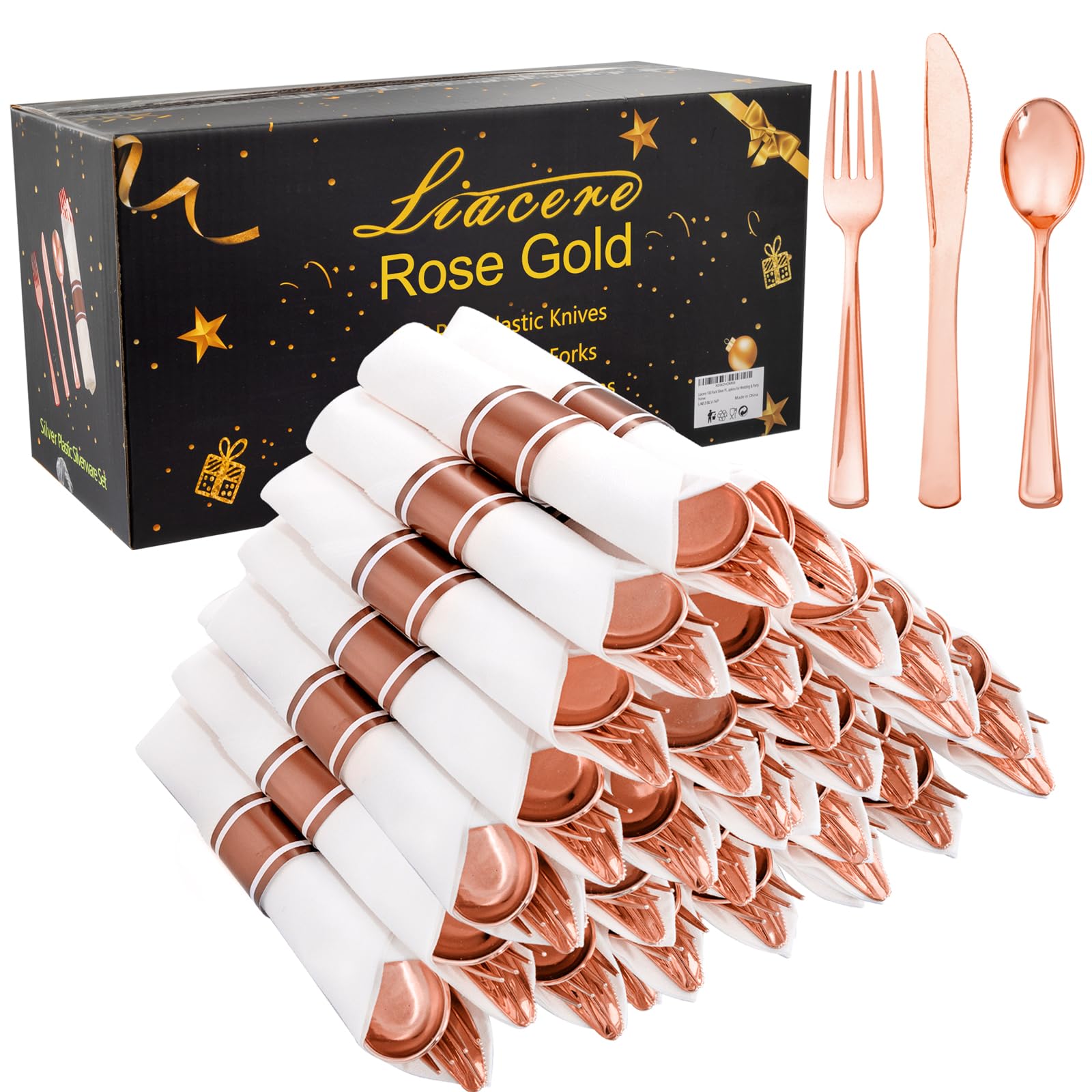 View 1 of Liacere 100Pack Rose Gold Plastic Silverware - Pre Rolled Napkins with Rose Gold Cutlery - Wrapped Silverware Set Disposable100 Forks Knives Spoons Wrapped Utensils for Wedding?Valentine's Day