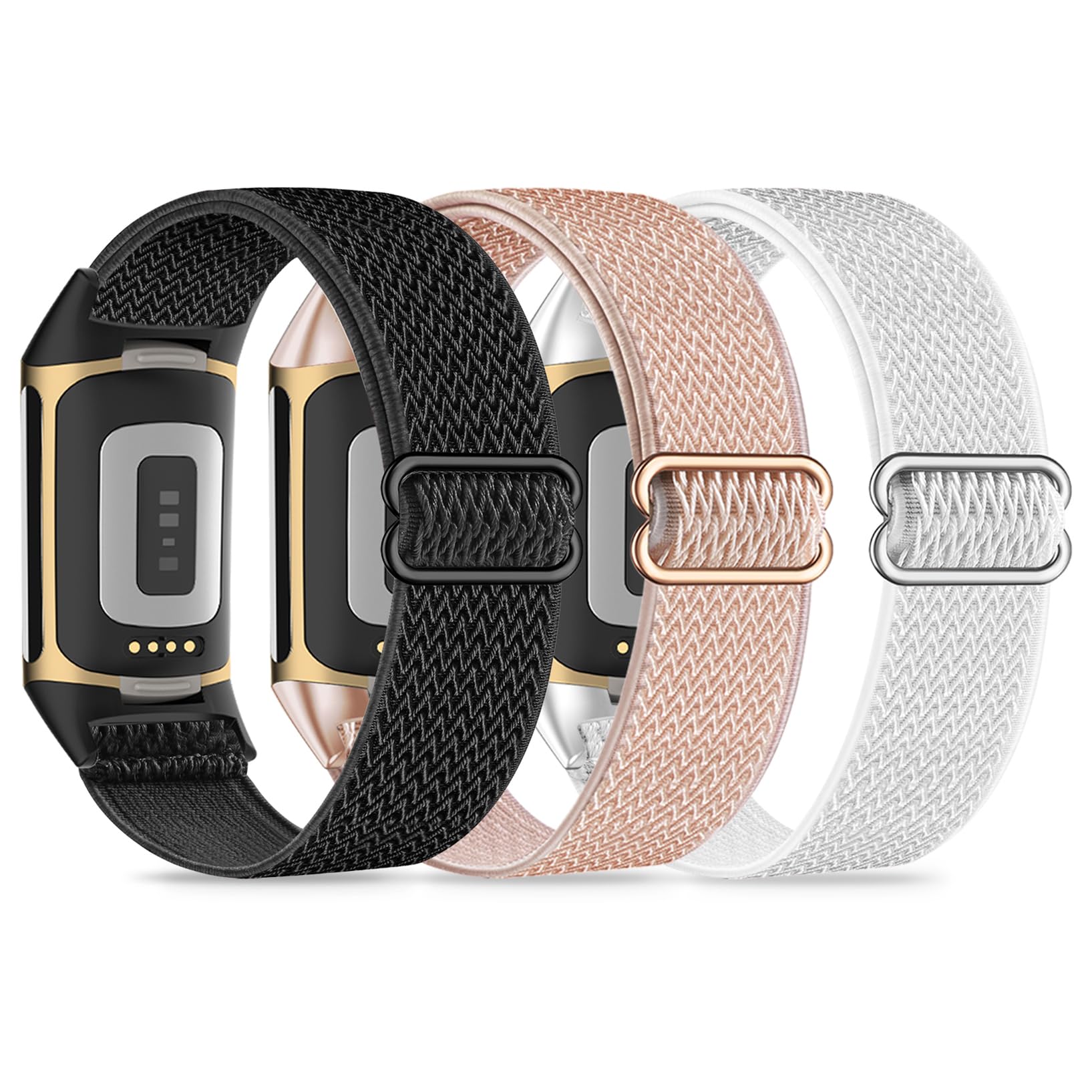 Wizvv Pack of 3 Elastic Wristbands Compatible with Fitbit Charge 5/6, Breathable, Adjustable, Stretchy Nylon Replacement Strap for Men and Women