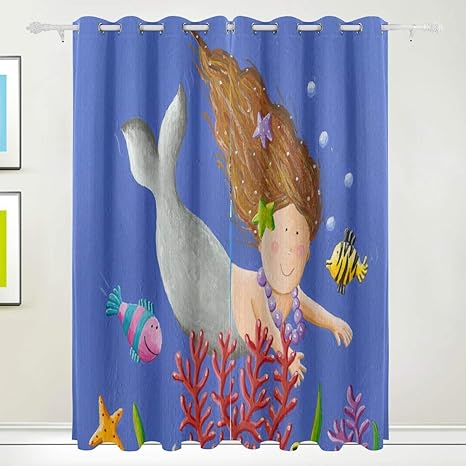 Amazon Geevosun 遮光カーテン アクリルイラストかわいい人魚 断熱 見えにくい 保温 防寒 洗える 部屋 客間 リビングルームに適用 2枚組 幅100 丈110cm カーテン オンライン通販