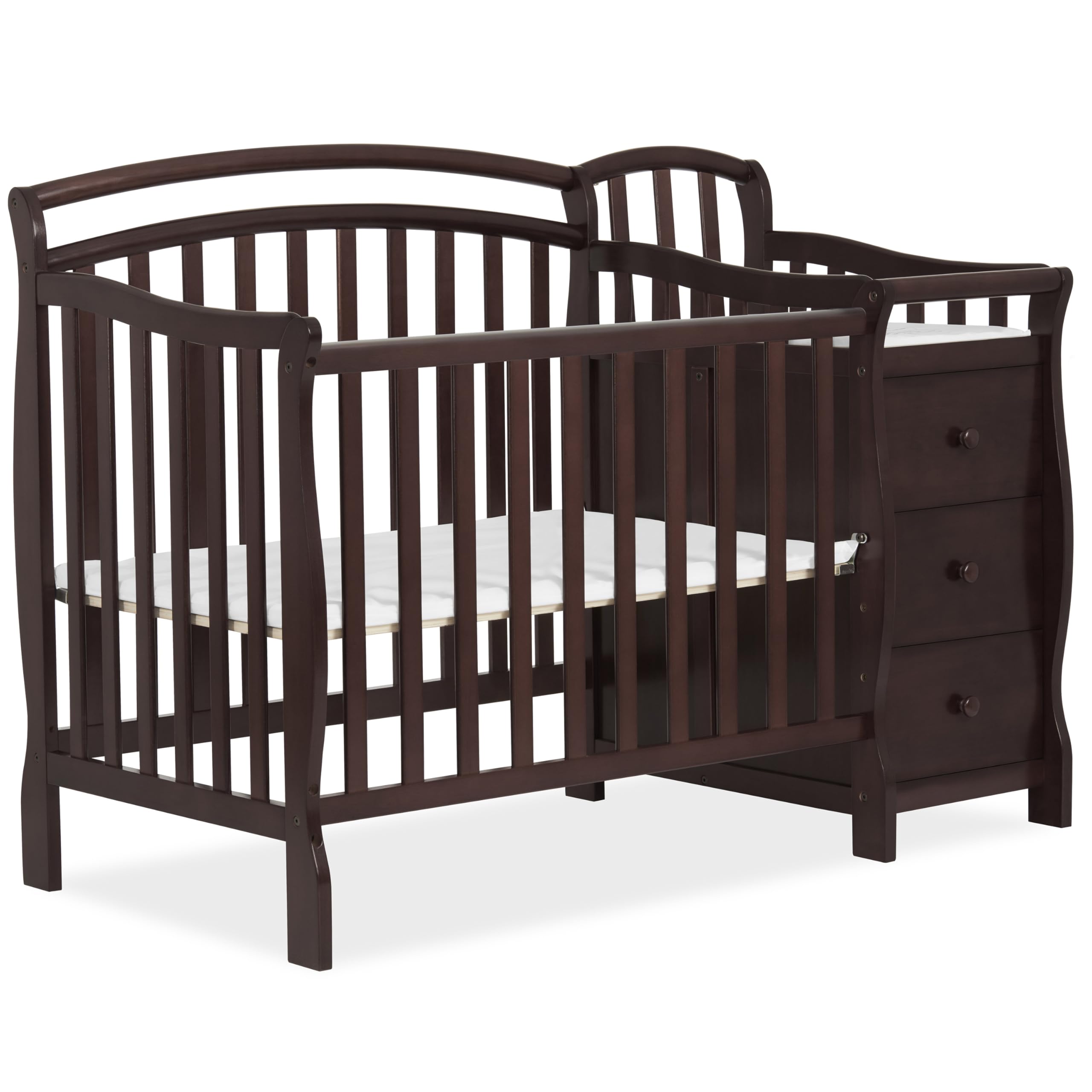 Photo 1 of Dream On Me Casco 3-in-1 Mini Convertible Baby Crib & Changer with Storage in Espresso, Pinewood, GreenGuard Gold & JPMA, 1” Mattress Pad, 3 Mattress Heights, Converts to Mini Day & Twin-Size Bed
