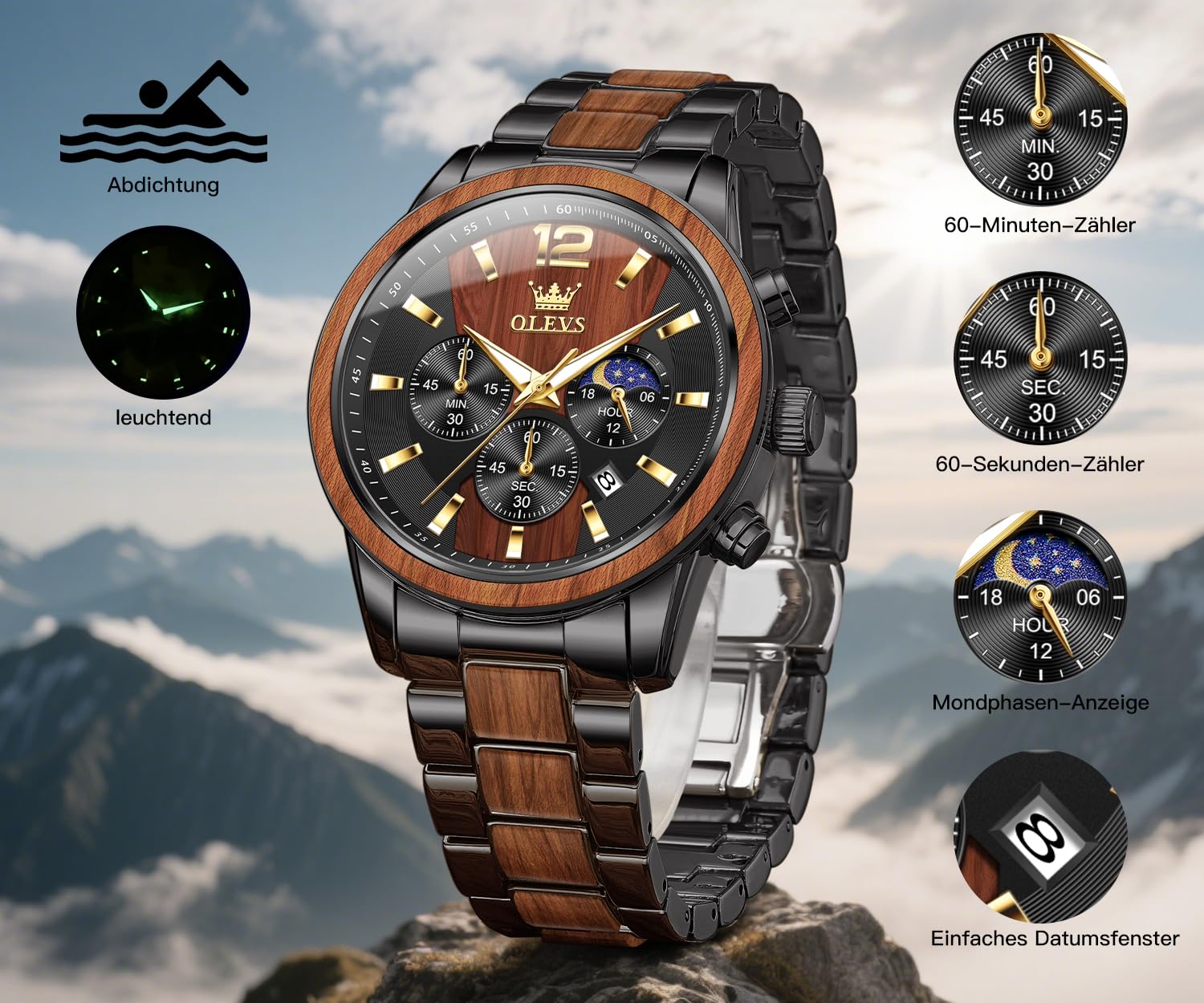 OLEVS Uhren Herren Echtholz Armband wasserdichte Quarzuhr Modische Business Freizeituhr 2