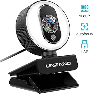 UNZANO PC Streaming Webcam with Ring Light, 1080P Full HD Web Camera Compatible with Xbox w/Dual Mic, Autofocus, Plug and Play, 360 Degree Rotatable