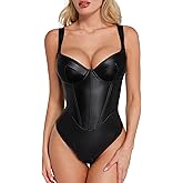 Popilush Leather Corset Bodysuit for Women Tummy Control V Neck Thong Shapewear Sleeveless Body Suit Tank Tops