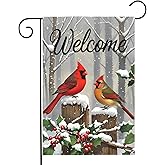 Christmas Cardinal Bird Garden Flag 12x18 Inch Welcome Winter Leaves Red Holly Yard Flags for Outside Holiday Theme Decor Seasonal Outdoor Farmhouse Porch New Year Decoration